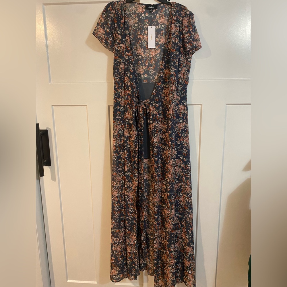 Blue floral wrap dress